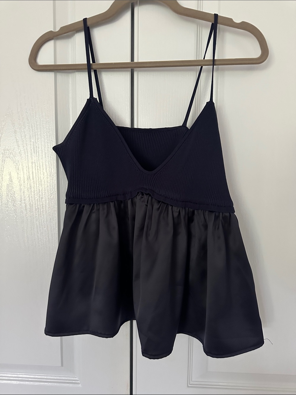 Commense Navy Satin & Ribbed Peplum Camisole